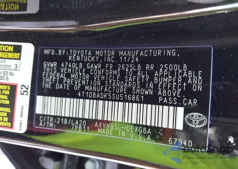 2025 Toyota Camry Xle z USA, uszkodzony, nr VIN 4T1DBADK5SU516861